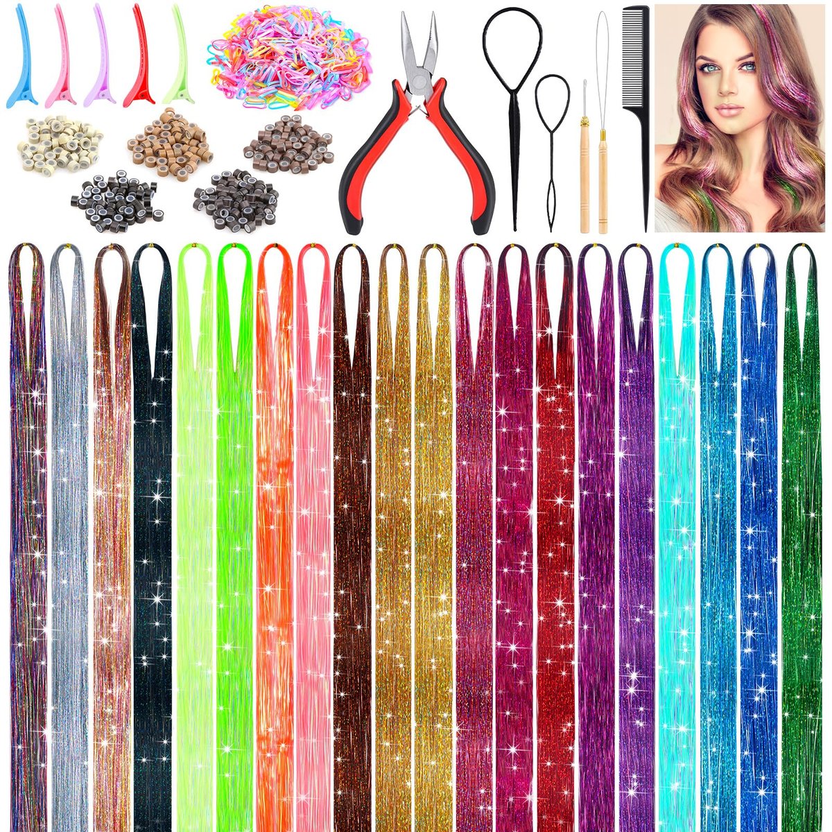 6000 Strands Hair Tinsel Kit in 20 Colors - Glitter Fairy Hair Extensions, Heat-Resistant Tinsel Tool for Shiny Party Hair Accessories Avelisse