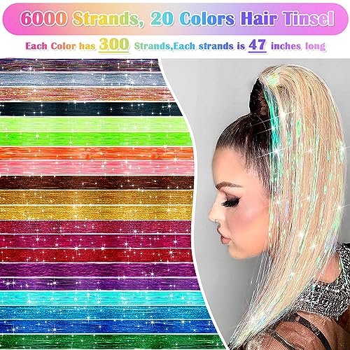 6000 Strands Hair Tinsel Kit in 20 Colors - Glitter Fairy Hair Extensions, Heat-Resistant Tinsel Tool for Shiny Party Hair Accessories Avelisse
