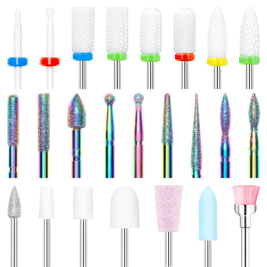 Modelones 24-Piece Nail Drill Bit Set – 3/32" Ceramic Diamond Carbide Bits for Acrylic, Gel, Dip Powder, Cuticle Removal, Manicure & Pedicure