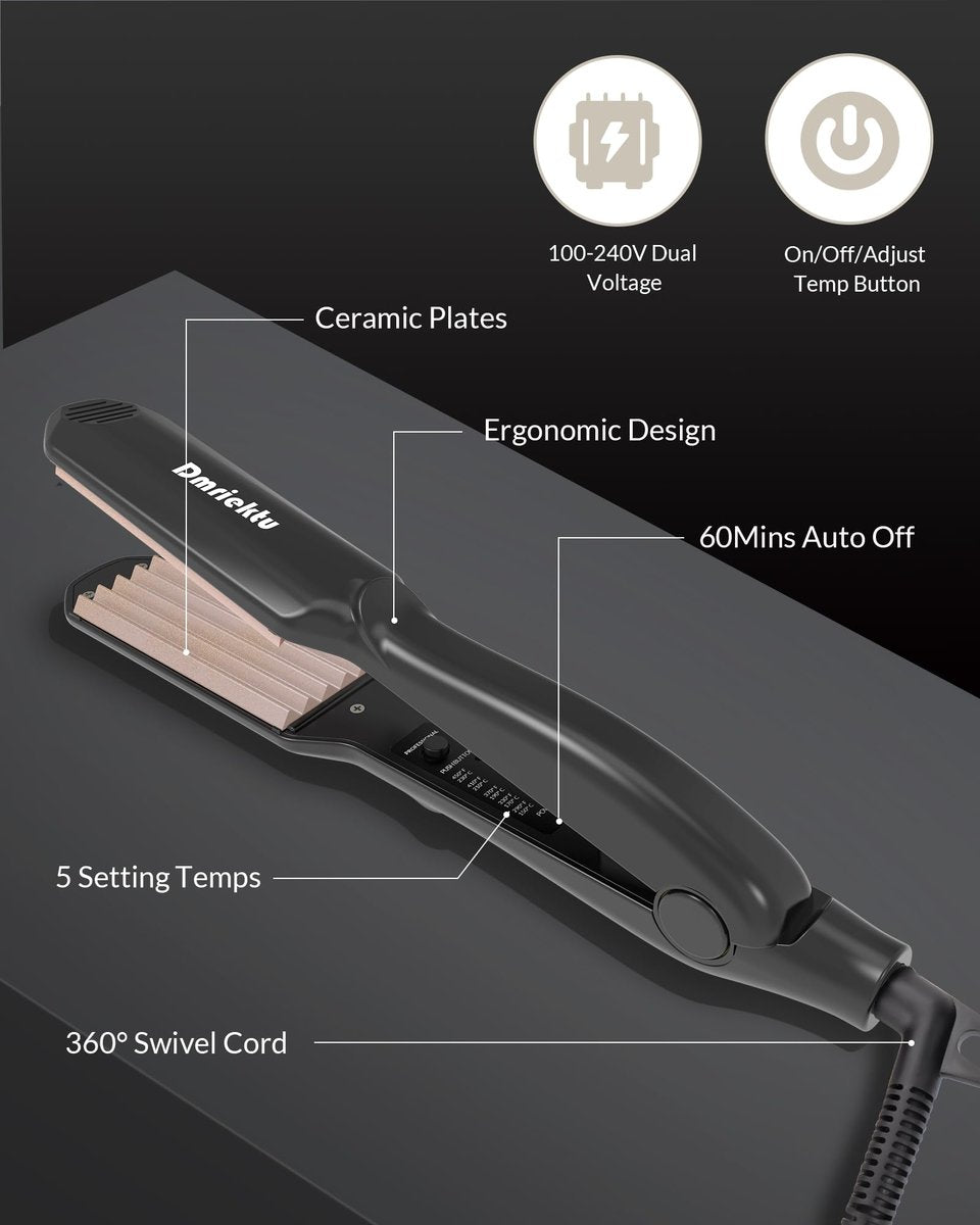 Dmriektu Hair Crimper for Volumizing Fluffy Hairstyle, Ceramic Plates, Dual Voltage, Auto Off Avelisse