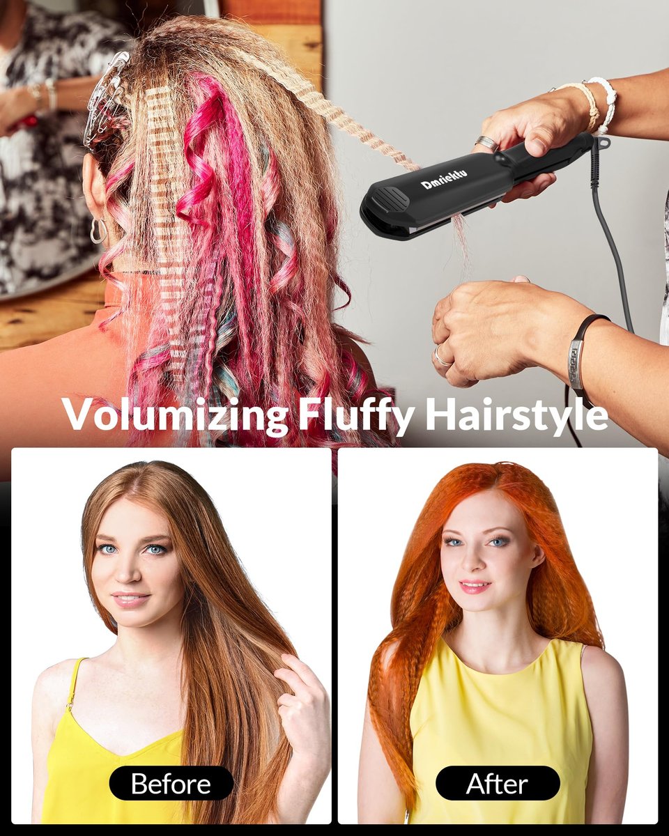 Dmriektu Hair Crimper for Volumizing Fluffy Hairstyle, Ceramic Plates, Dual Voltage, Auto Off Avelisse