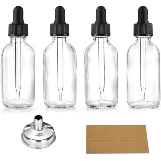 4 Pack 2 oz Clear Glass Eye Dropper Bottles with Stainless Steel Funnels & Labels - Leakproof Black Caps, 60ml Thick Glass Tincture Bottles for Essential Oils, Health & Beauty