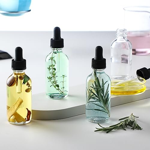 12 Pack 2 oz Glass Eye Dropper Bottles with 3 Stainless Steel Funnels & 1 Long Pipette Dropper & 24 Labels - 60ml Clear Tincture Bottles for Essential Oils, Liquids - Leakproof Travel Essential Bottles Avelisse
