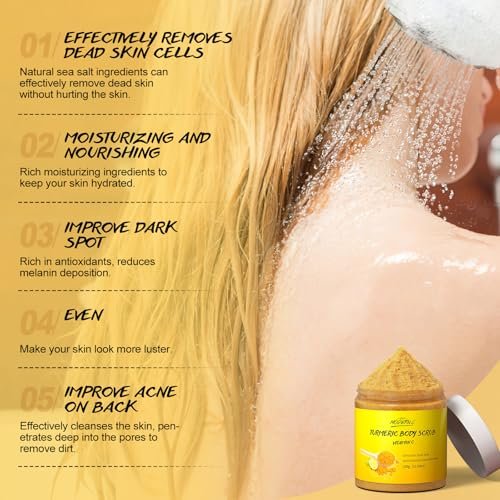 POP MODERN.C Turmeric and Vitamin C Body Scrub – Natural Organic Exfoliator for Dark Spots, Acne, and Dead Skin Removal with Loofah (10.58 oz) - görsel 5