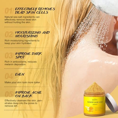 POP MODERN.C Turmeric and Vitamin C Body Scrub – Natural Organic Exfoliator for Dark Spots, Acne, and Dead Skin Removal with Loofah (10.58 oz)