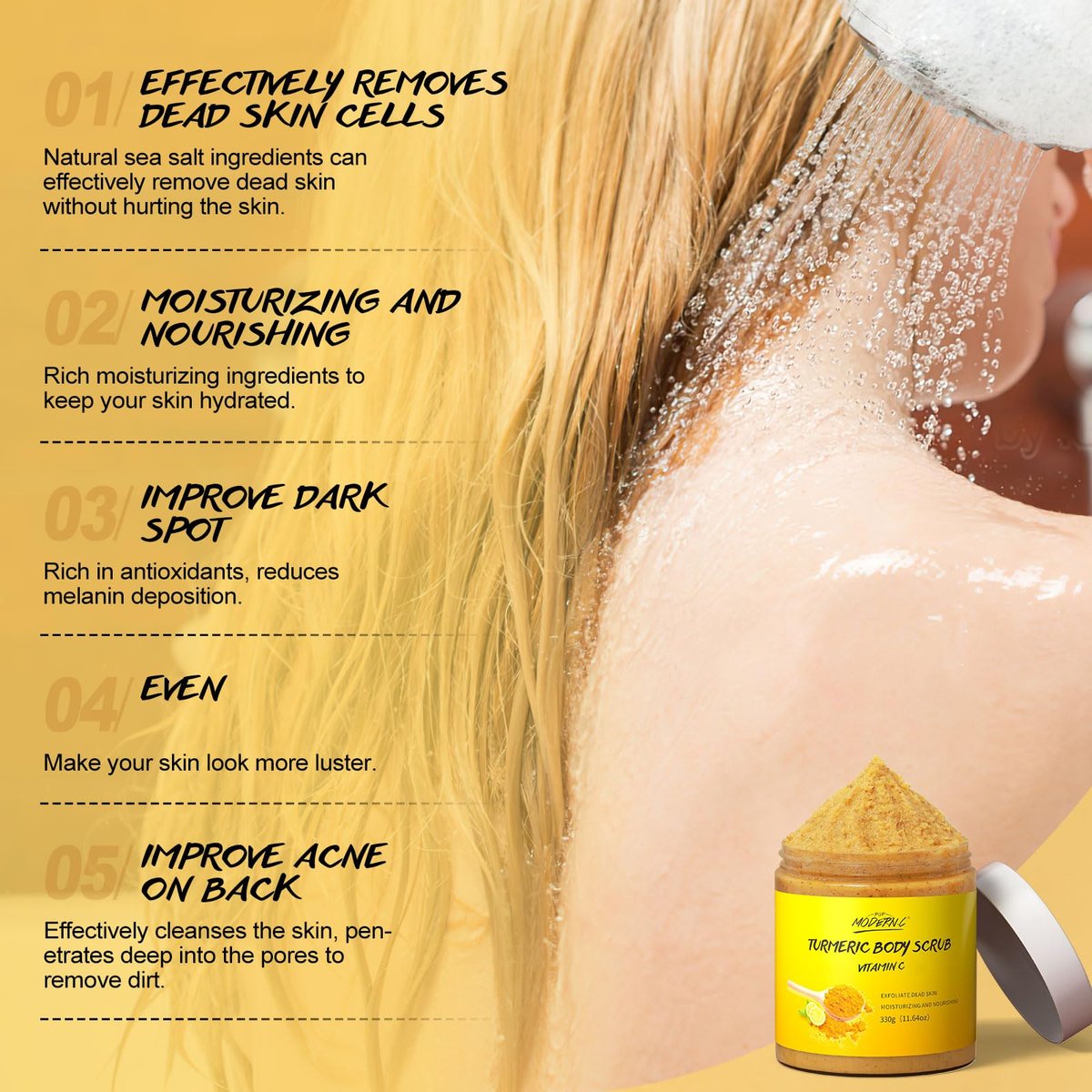 POP MODERN.C Turmeric and Vitamin C Body Scrub – Natural Organic Exfoliator for Dark Spots, Acne, and Dead Skin Removal with Loofah (10.58 oz) - görsel 6