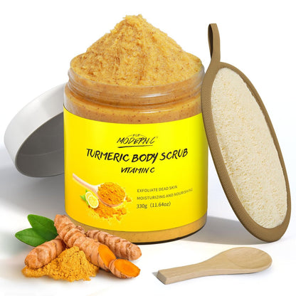 POP MODERN.C Turmeric and Vitamin C Body Scrub – Natural Organic Exfoliator for Dark Spots, Acne, and Dead Skin Removal with Loofah (10.58 oz)