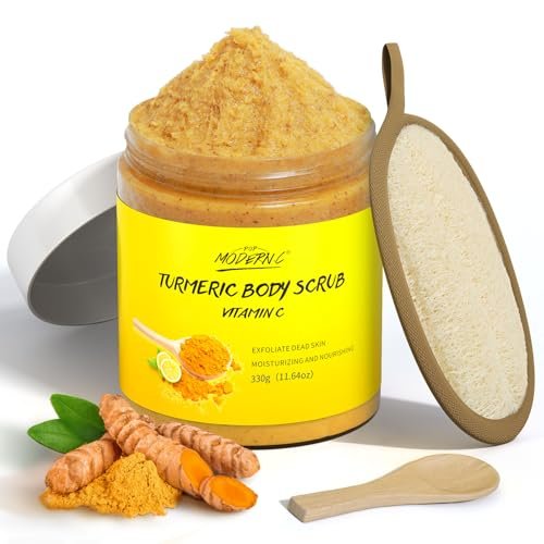 POP MODERN.C Turmeric and Vitamin C Body Scrub – Natural Organic Exfoliator for Dark Spots, Acne, and Dead Skin Removal with Loofah (10.58 oz) - görsel 1