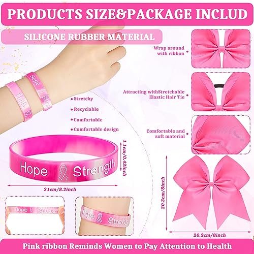 Retrowavy 60 Pcs Breast Cancer Awareness Cheer Hair Bows and Bracelets - Pink Ribbon Hair Bows and Silicone Wristbands for Women, Cheerleading, and Fundraising Events - görsel 4