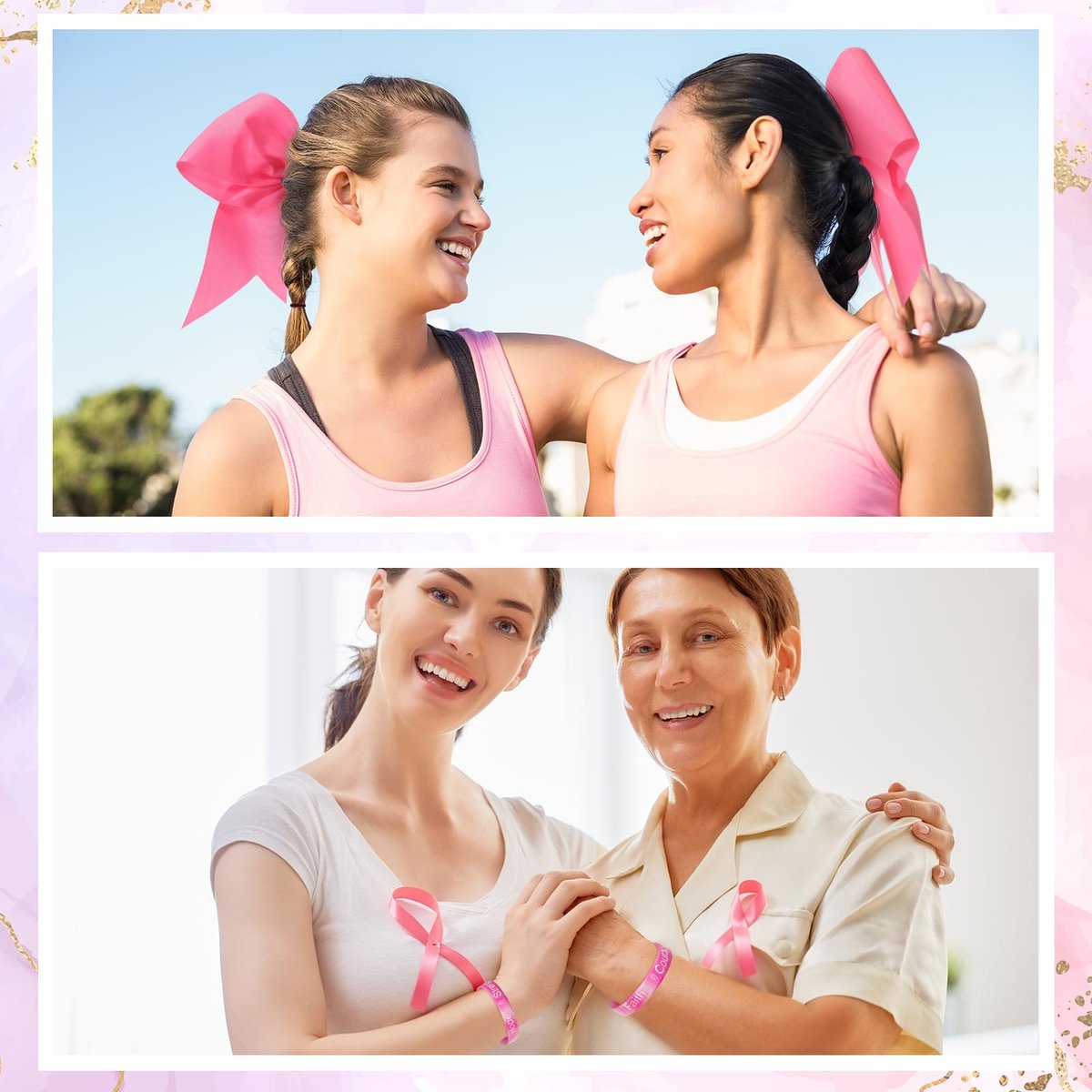 Retrowavy 60 Pcs Breast Cancer Awareness Cheer Hair Bows and Bracelets - Pink Ribbon Hair Bows and Silicone Wristbands for Women, Cheerleading, and Fundraising Events - görsel 5