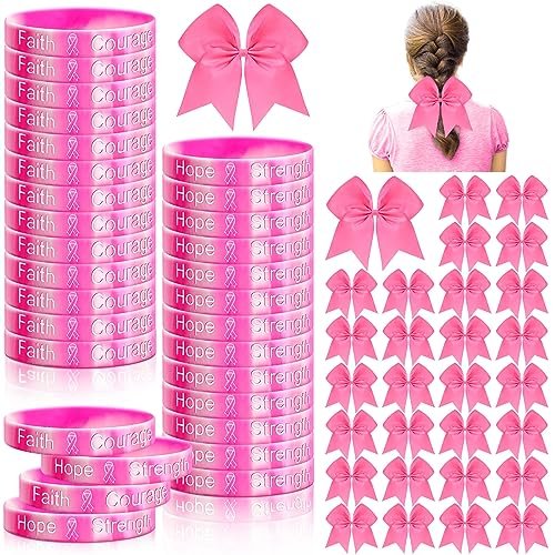 Retrowavy 60 Pcs Breast Cancer Awareness Cheer Hair Bows and Bracelets - Pink Ribbon Hair Bows and Silicone Wristbands for Women, Cheerleading, and Fundraising Events - görsel 2