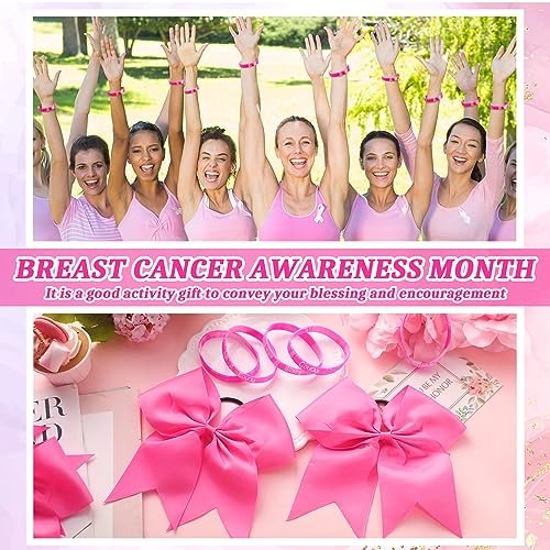 Retrowavy 60 Pcs Breast Cancer Awareness Cheer Hair Bows and Bracelets - Pink Ribbon Hair Bows and Silicone Wristbands for Women, Cheerleading, and Fundraising Events - görsel 8