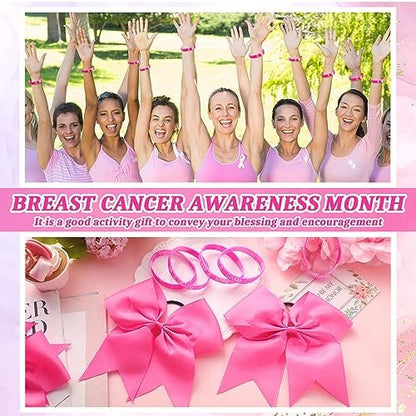 Retrowavy 60 Pcs Breast Cancer Awareness Cheer Hair Bows and Bracelets - Pink Ribbon Hair Bows and Silicone Wristbands for Women, Cheerleading, and Fundraising Events