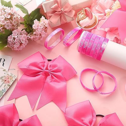 Retrowavy 60 Pcs Breast Cancer Awareness Cheer Hair Bows and Bracelets - Pink Ribbon Hair Bows and Silicone Wristbands for Women, Cheerleading, and Fundraising Events