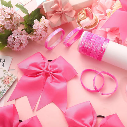 Retrowavy 60 Pcs Breast Cancer Awareness Cheer Hair Bows and Bracelets - Pink Ribbon Hair Bows and Silicone Wristbands for Women, Cheerleading, and Fundraising Events