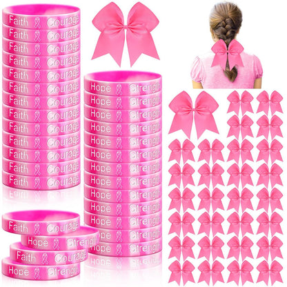 Retrowavy 60 Pcs Breast Cancer Awareness Cheer Hair Bows and Bracelets - Pink Ribbon Hair Bows and Silicone Wristbands for Women, Cheerleading, and Fundraising Events