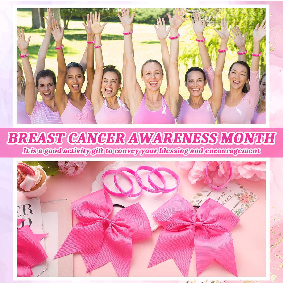 Retrowavy 60 Pcs Breast Cancer Awareness Cheer Hair Bows and Bracelets - Pink Ribbon Hair Bows and Silicone Wristbands for Women, Cheerleading, and Fundraising Events - görsel 7
