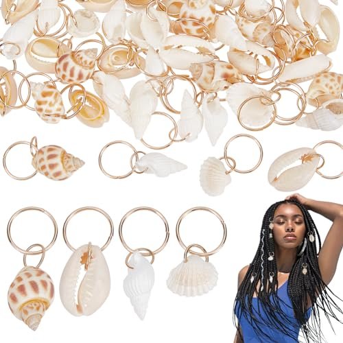 PLIGREAT 60 Pcs Seashell Conch Dreadlock Rings Charms - Vintage Hair Braiding Decor for Women Men - görsel 2