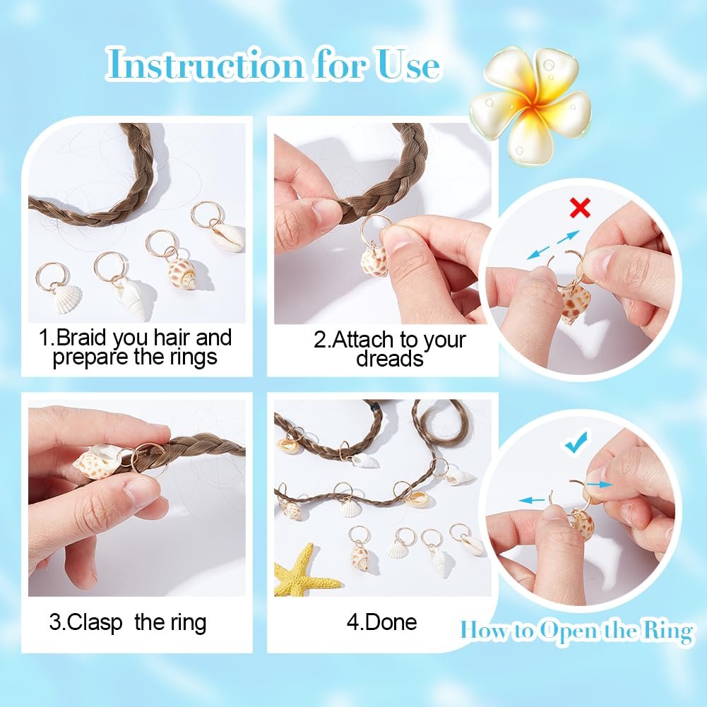 PLIGREAT 60 Pcs Seashell Conch Dreadlock Rings Charms - Vintage Hair Braiding Decor for Women Men - görsel 7