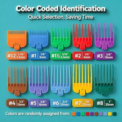 Color Coded Clipper Guards Set Compatible with Most Wahl Clippers - 10 Piece, 1/16" to 1"