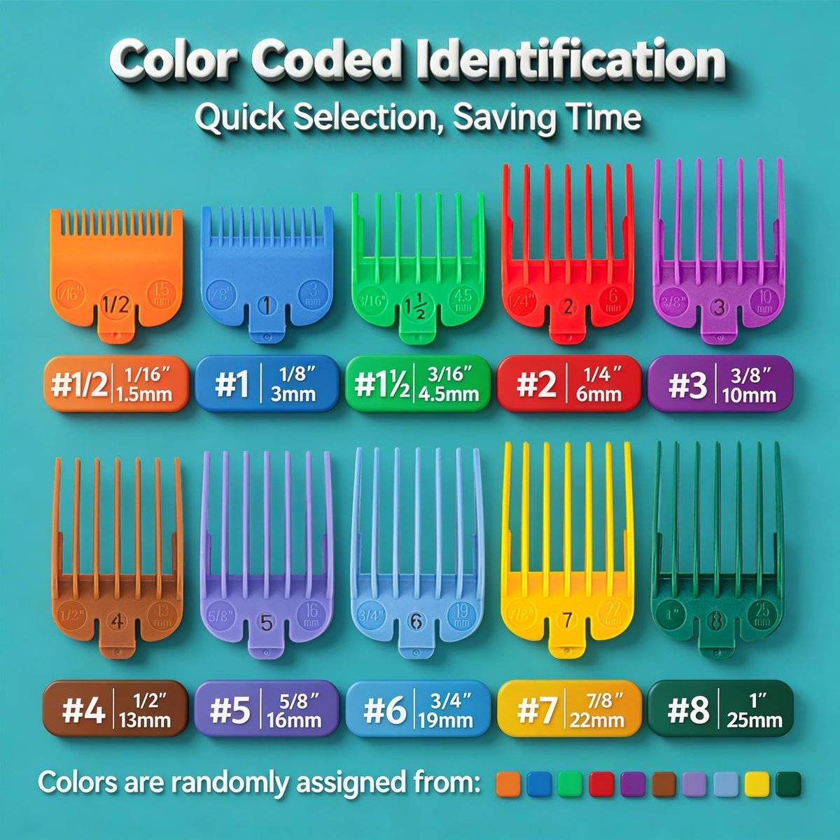 Color Coded Clipper Guards Set Compatible with Most Wahl Clippers - 10 Piece, 1/16" to 1" - görsel 5