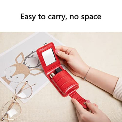 Red PU Leather Lipstick Case with Mirror – Portable Travel Makeup Pouch for 3 Lipsticks