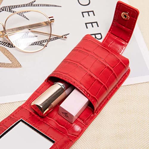 Red PU Leather Lipstick Case with Mirror – Portable Travel Makeup Pouch for 3 Lipsticks - görsel 4