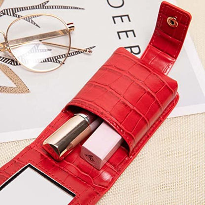 Red PU Leather Lipstick Case with Mirror – Portable Travel Makeup Pouch for 3 Lipsticks