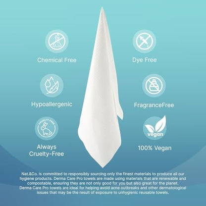 Nat.&Co. Derma Care Pro 100% USDA Biobased Material - Professional Grade Extra Large Face Towels - Bio-Based Towel, Makeup Remover Dry Wipes, Facial Wash Cloths for Sensitive and Clean Skin - 50 Count