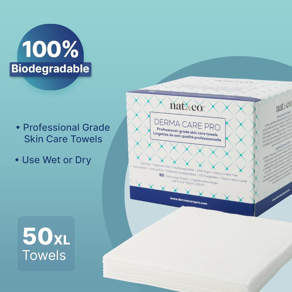Nat.&Co. Derma Care Pro 100% USDA Biobased Material - Professional Grade Extra Large Face Towels - Bio-Based Towel, Makeup Remover Dry Wipes, Facial Wash Cloths for Sensitive and Clean Skin - 50 Count - görsel 13