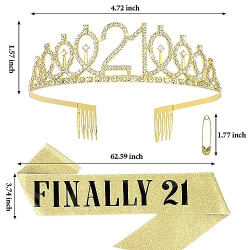CURASA Gold 21st Birthday Crown and Sash Kit for Women – Rhinestone Tiara & Sash Set - görsel 6