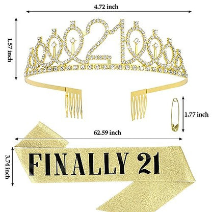 CURASA Gold 21st Birthday Crown and Sash Kit for Women – Rhinestone Tiara & Sash Set