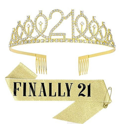 CURASA Gold 21st Birthday Crown and Sash Kit for Women – Rhinestone Tiara & Sash Set