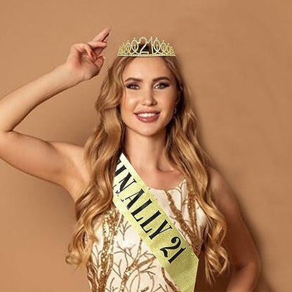 CURASA Gold 21st Birthday Crown and Sash Kit for Women – Rhinestone Tiara & Sash Set
