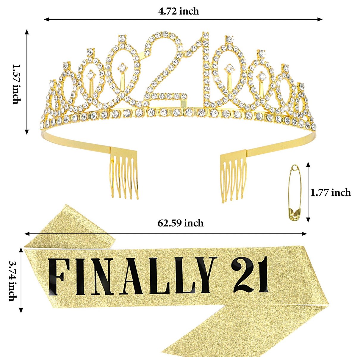 CURASA Gold 21st Birthday Crown and Sash Kit for Women – Rhinestone Tiara & Sash Set - görsel 5