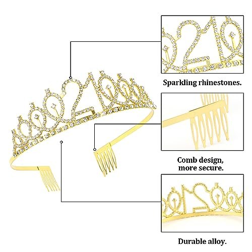 CURASA Gold 21st Birthday Crown and Sash Kit for Women – Rhinestone Tiara & Sash Set - görsel 4