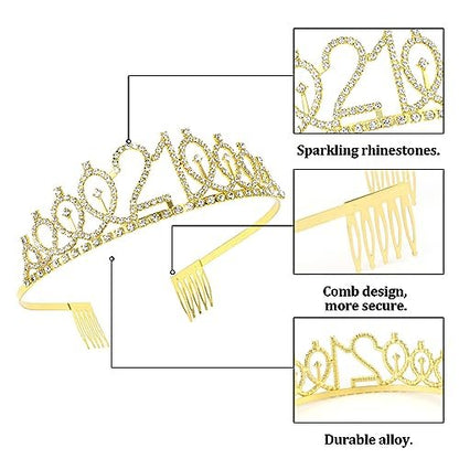 CURASA Gold 21st Birthday Crown and Sash Kit for Women – Rhinestone Tiara & Sash Set