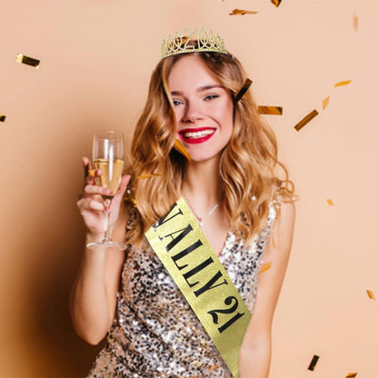 CURASA Gold 21st Birthday Crown and Sash Kit for Women – Rhinestone Tiara & Sash Set