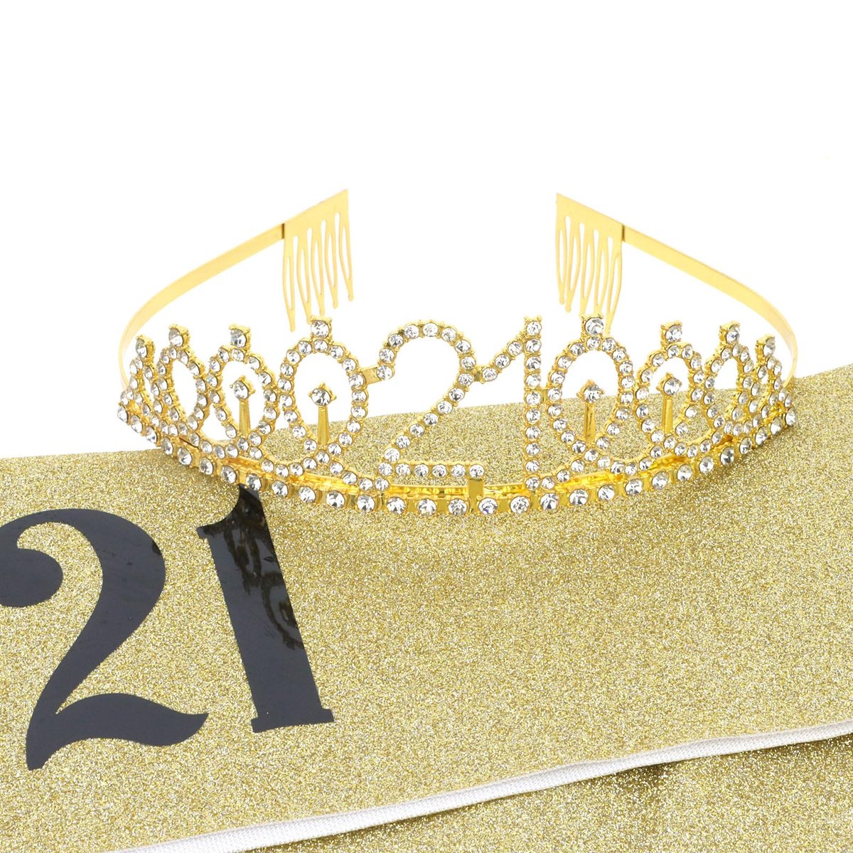 CURASA Gold 21st Birthday Crown and Sash Kit for Women – Rhinestone Tiara & Sash Set - görsel 13
