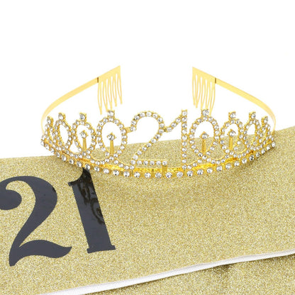 CURASA Gold 21st Birthday Crown and Sash Kit for Women – Rhinestone Tiara & Sash Set
