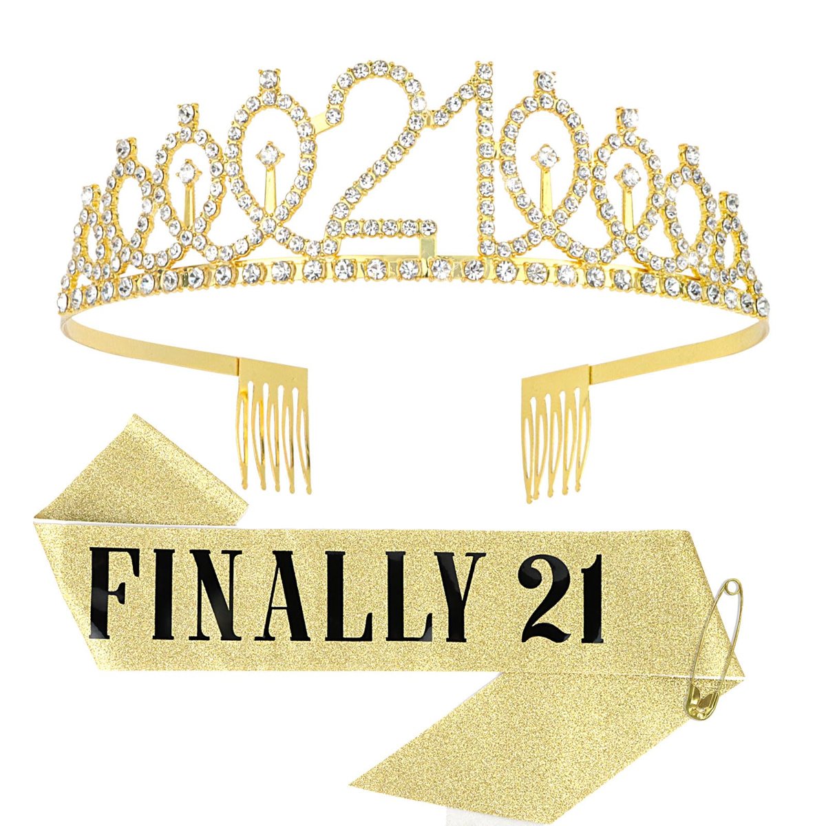 CURASA Gold 21st Birthday Crown and Sash Kit for Women – Rhinestone Tiara & Sash Set - görsel 1