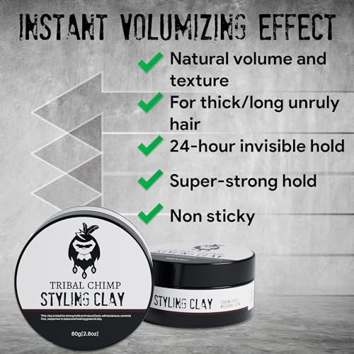 Tribal Chimp Hair Styling Clay – Super Strong Hold Matte Clay for Men & Women, Non-Sticky, Textured, Instant Volume & Thickening, Ideal for All Hair Types, Citrus Scent, 80g Avelisse