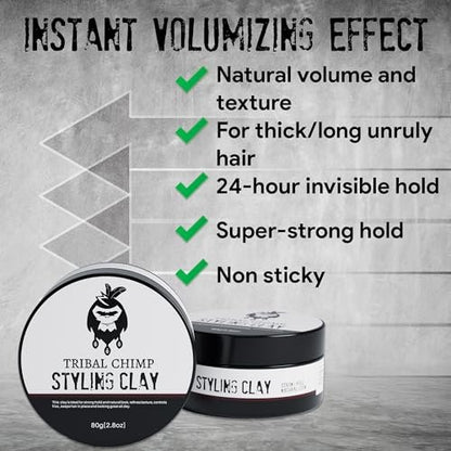 Tribal Chimp Hair Styling Clay – Super Strong Hold Matte Clay for Men & Women, Non-Sticky, Textured, Instant Volume & Thickening, Ideal for All Hair Types, Citrus Scent, 80g Avelisse