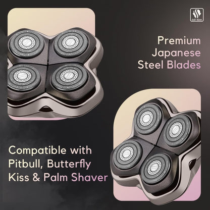 Skull Shaver Baron PRO 4 Head Replacement Blade - Premium Rotary Shaver Heads for Wet & Dry Shaving - Japanese Stainless Steel - Compatible with Pitbull, Palm & Butterfly Kiss Shavers Avelisse