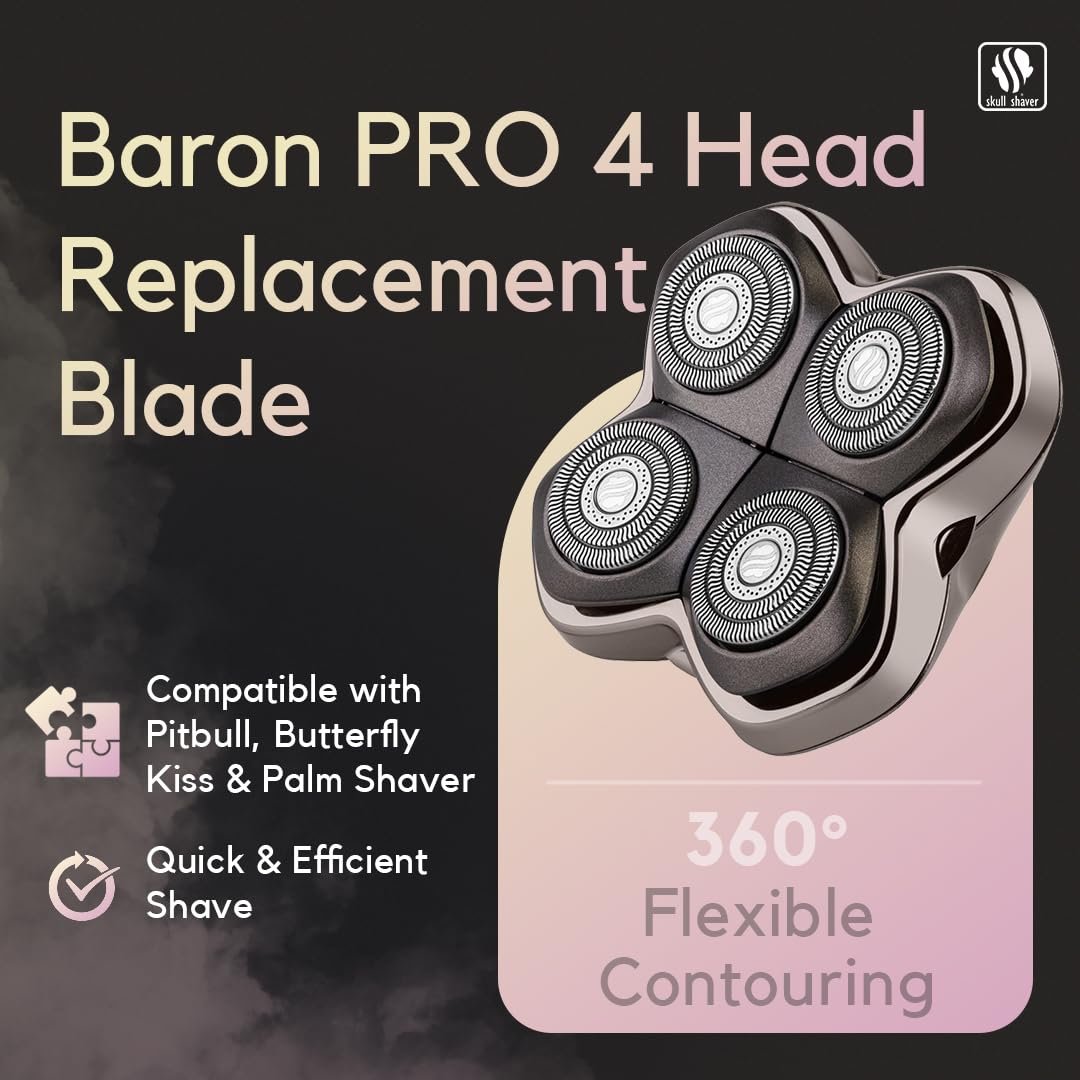 Skull Shaver Baron PRO 4 Head Replacement Blade - Premium Rotary Shaver Heads for Wet & Dry Shaving - Japanese Stainless Steel - Compatible with Pitbull, Palm & Butterfly Kiss Shavers Avelisse