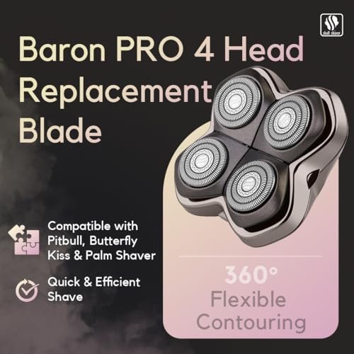 Skull Shaver Baron PRO 4 Head Replacement Blade - Premium Rotary Shaver Heads for Wet & Dry Shaving - Japanese Stainless Steel - Compatible with Pitbull, Palm & Butterfly Kiss Shavers Avelisse