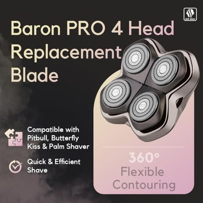 Skull Shaver Baron PRO 4 Head Replacement Blade - Premium Rotary Shaver Heads for Wet & Dry Shaving - Japanese Stainless Steel - Compatible with Pitbull, Palm & Butterfly Kiss Shavers Avelisse