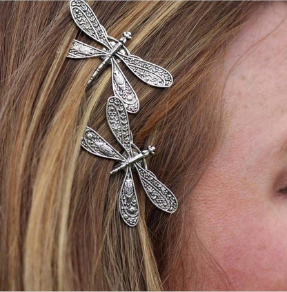 Dragonfly Hair Clip - Antique Silver Metal Hair Accessory for Women | Retro Wedding Bridal Headdress