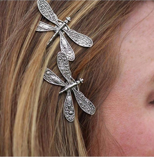 Dragonfly Hair Clip - Antique Silver Metal Hair Accessory for Women | Retro Wedding Bridal Headdress
