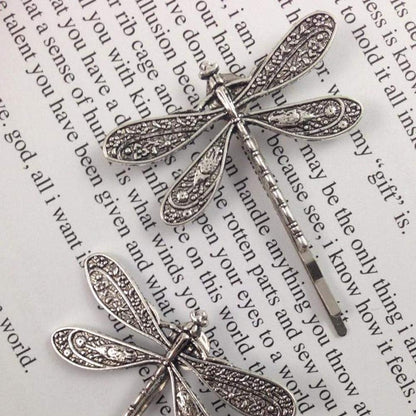 Dragonfly Hair Clip - Antique Silver Metal Hair Accessory for Women | Retro Wedding Bridal Headdress